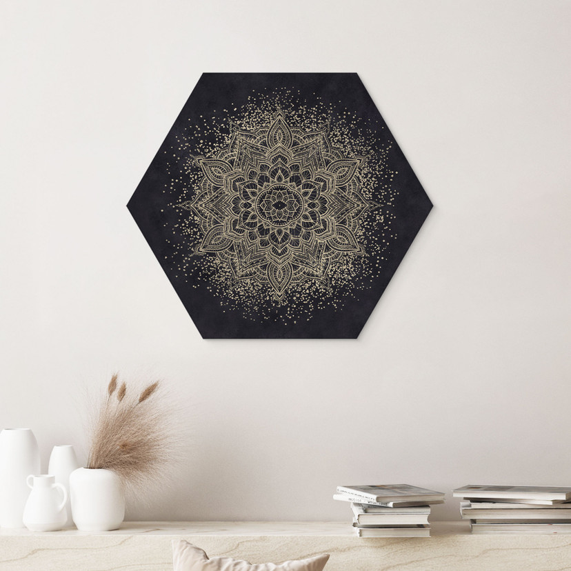 Sekskantet billede Elegant mandala i sort og guld - Bloomery Decor - Aluminium dibond