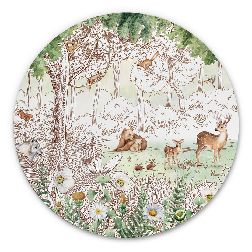 Tableau sur alu-Dibond rond Kikki Belle - Printemps des amis de la forêt