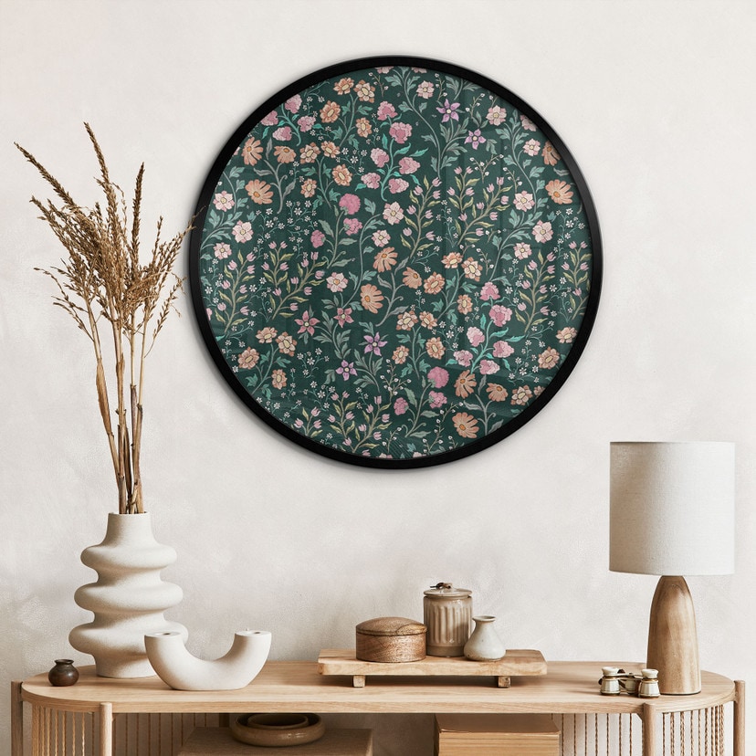 Poster Fiori di prato vintage - Verde scuro - Decorazione floreale - Rotondo