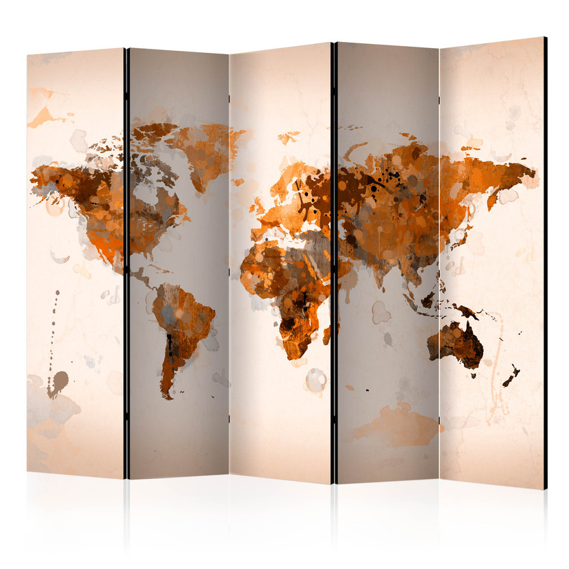 Screen room divider - Verdenskort - Verden i brune nuancer , 5-delt - 225x172 cm