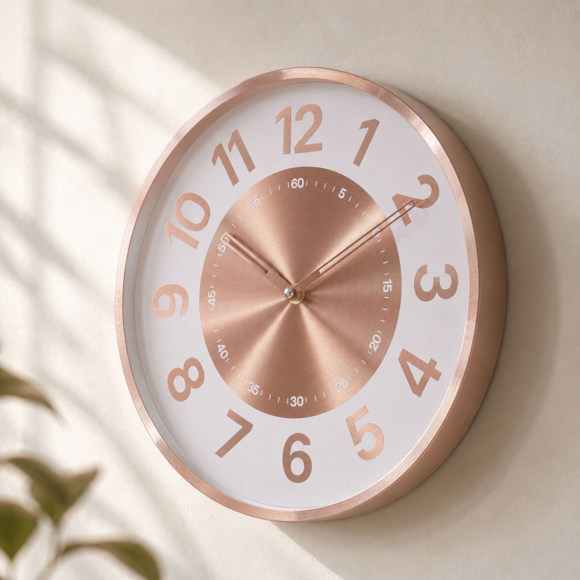 Horloge murale effet or rose, cadre métallique avec grands chiffres, élégante pour le salon 30x30x4 cm