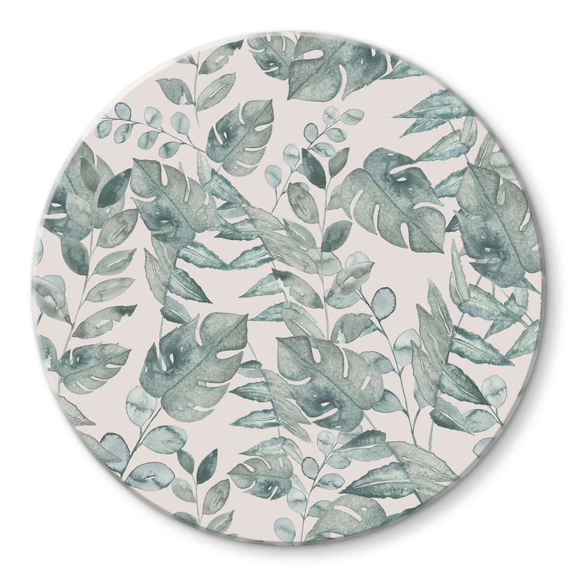Tableau en verre Feuilles de jungle Aquarelle Crème - Bloomery Decor - Rond