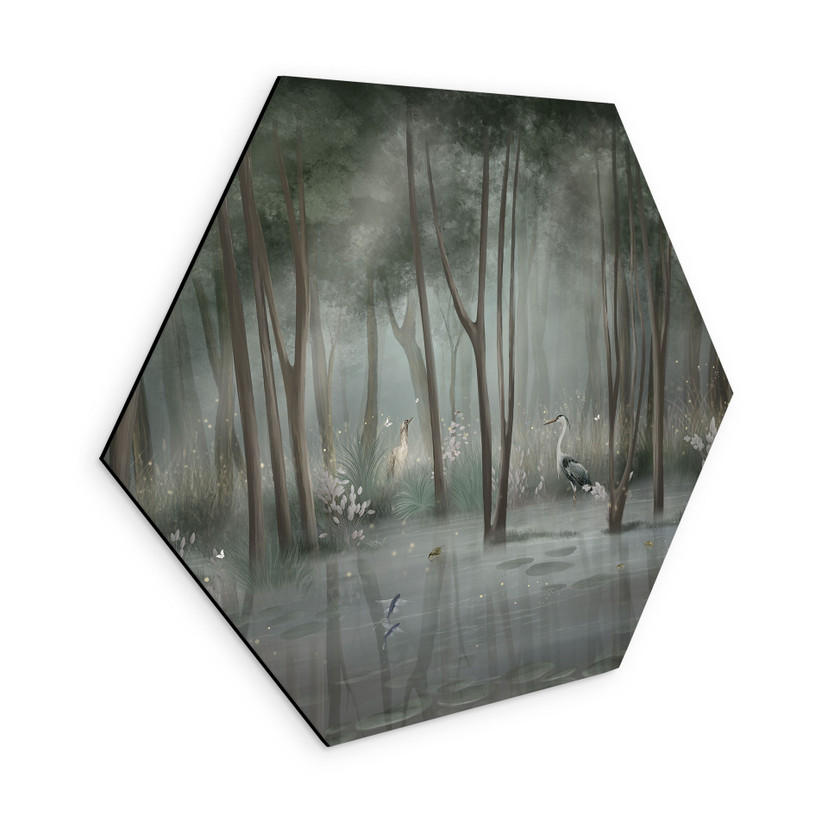 Wanddecoratie wolkenbos aan het meer met reiger in het groen - Ms Tiff - Aluminium Dibond