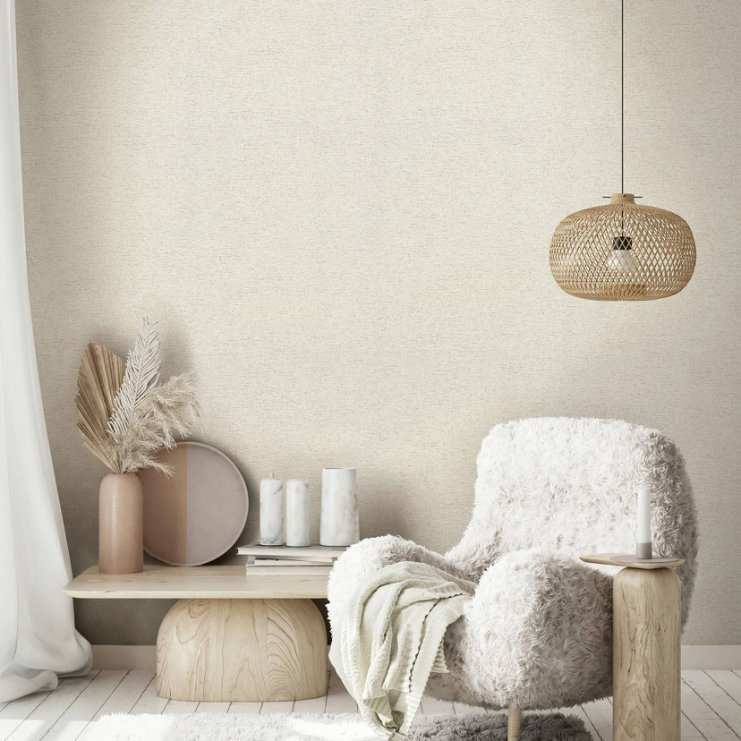Non-woven tapet i et let meleret look som ensfarvet beige struktureret