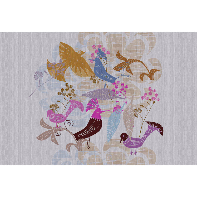Fotomural Paredes de Patel 3 Birdland 1 azul, morado, rosa, amarillo, marrón