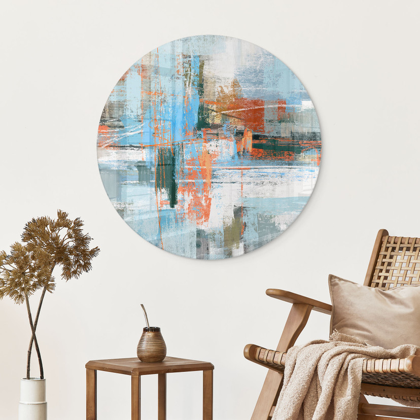 Glasbild Abstraktes Farbspiel blau orange - Cheney - Rund