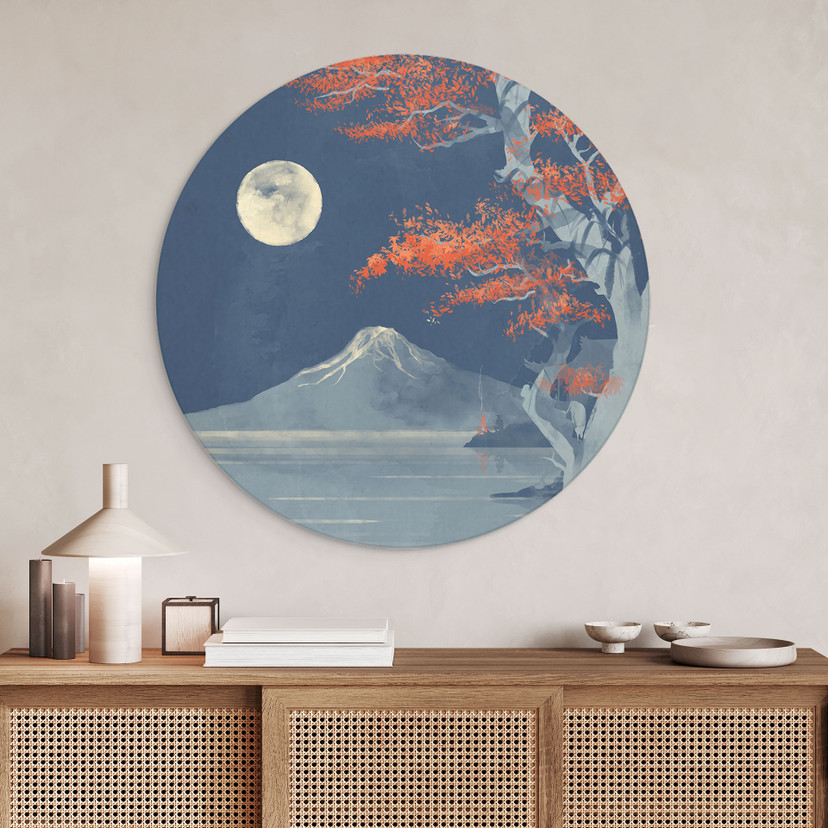 Billede Fuldmåne over toppen af Fuji-san - Roze - rund – print på aluminium (Alu-Dibond)