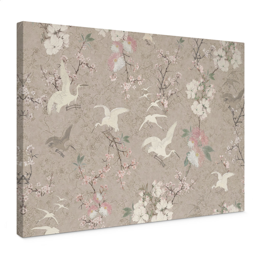 Canvas schilderij Kraanvogels in een Kersenbloesem Rush Beige - Bloomery Decor