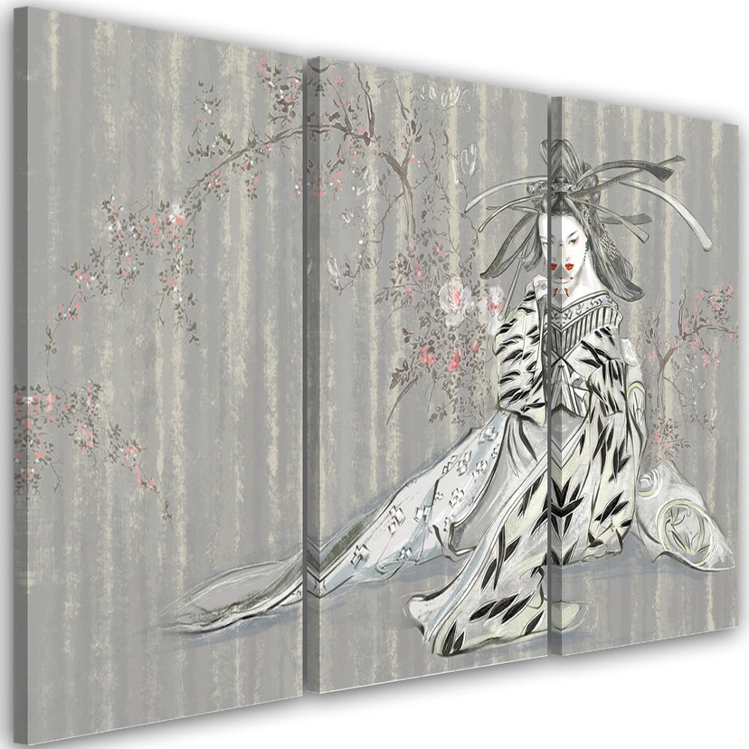 3 stykke lærredstryk, traditionel japansk geisha