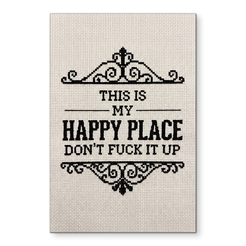 Tableau Happy Place Citation Motif Brodé - Magnusson - Alu-Dibond