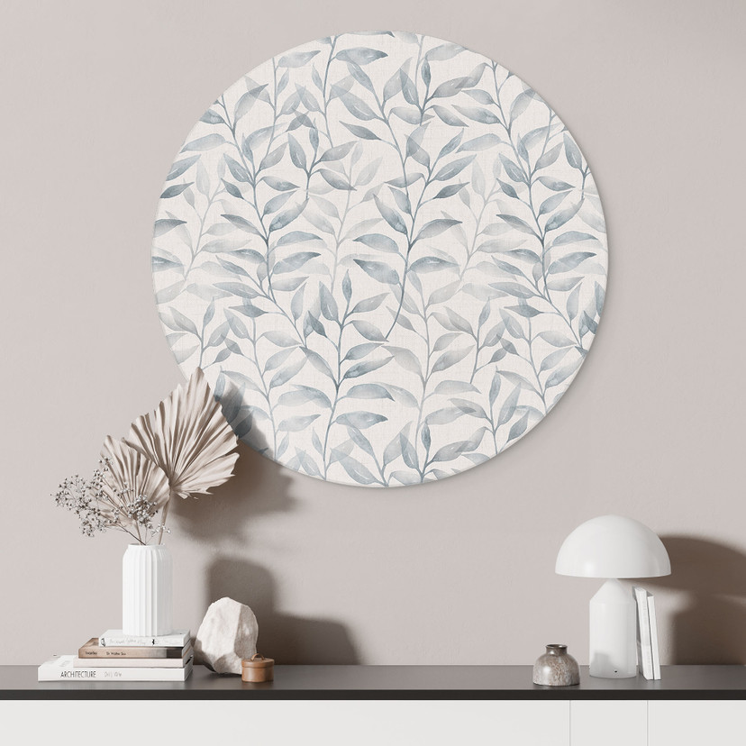 Billede Sarte akvarelblade - Blød grå - Blomsterdekor - Rund – print på aluminium