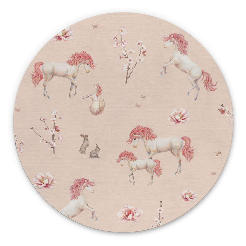 Fortryllede enhjørninger med kirsebærblomster Wallsticker - Kikki Belle - Rund – print på aluminium