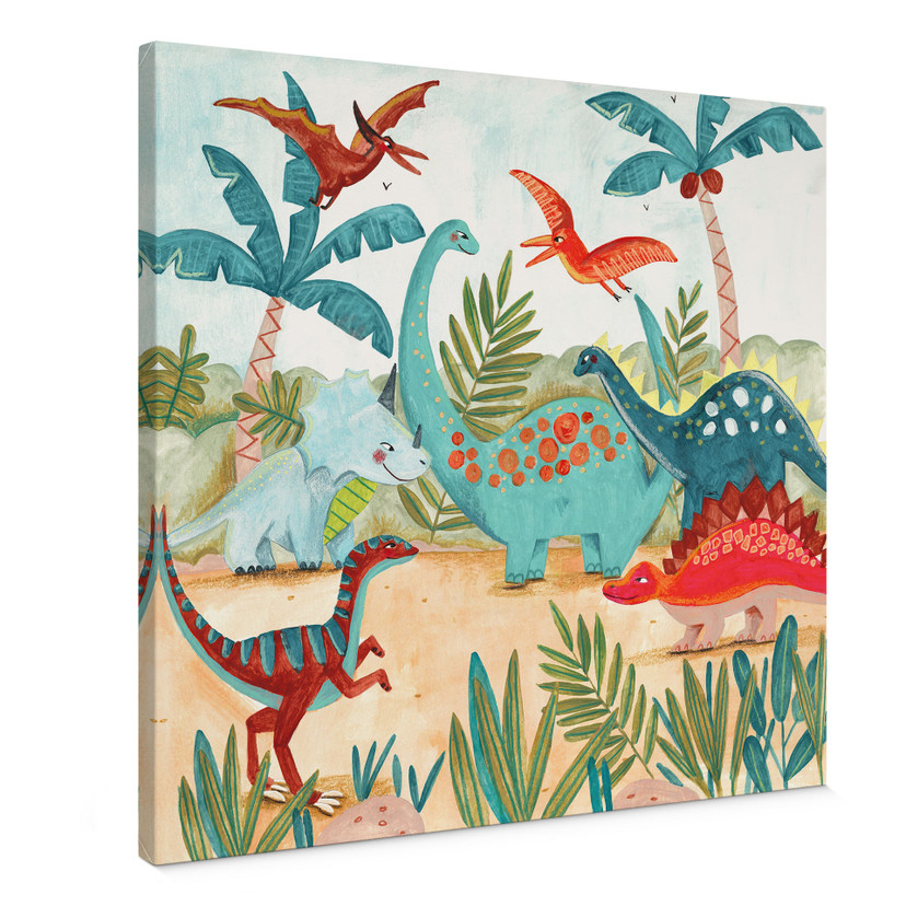 Tableau sur toile Dinosaures colorés dans la forêt préhistorique | Décoration chambre enfant - Bonne