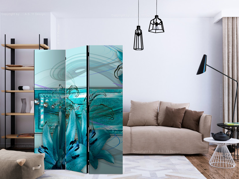 Screen room divider - Turkisblå idyl, 3-delt - 135x172 cm