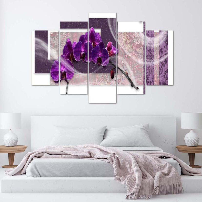 Lærredstryk 5 dele, violet orkidé
