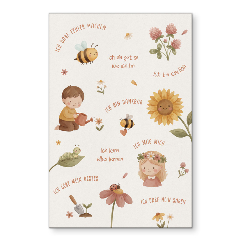 Alu-Dibond Wandbild - Affirmationen Blumen mit Biene und Sonnenblume fürs Kinderzimmer