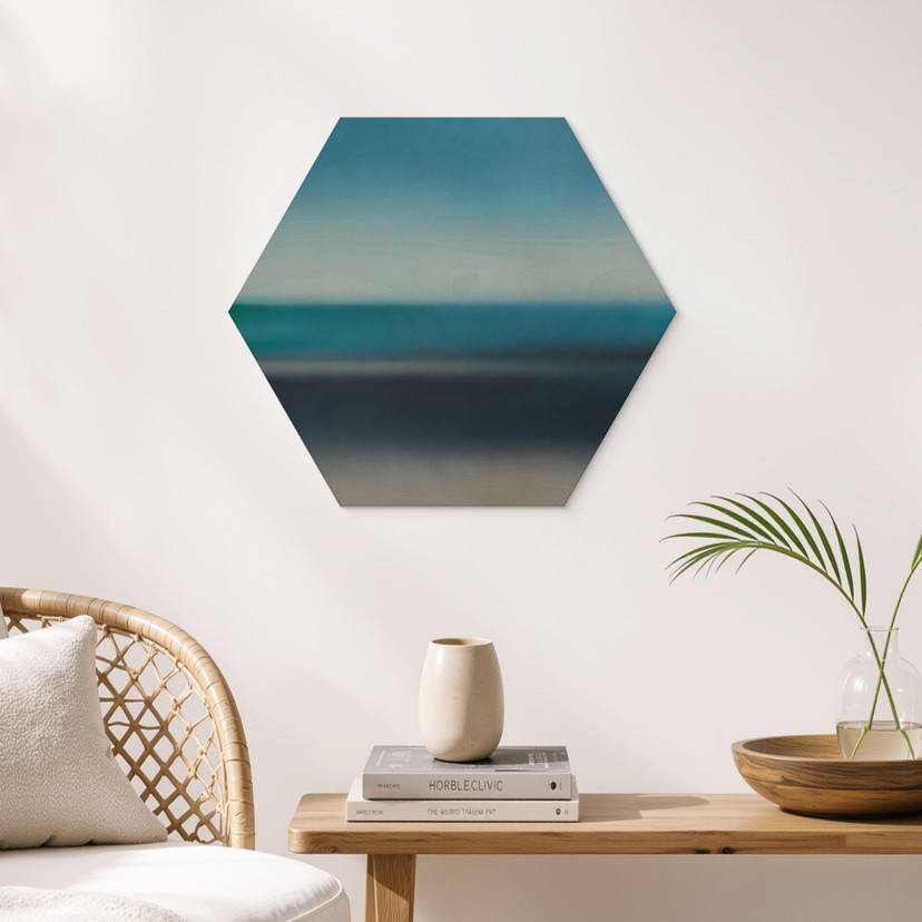 Hexagon Houten Schilderij Rotko Veil - Blauwe Horizon - Sir Edward x Grigory Gladarev