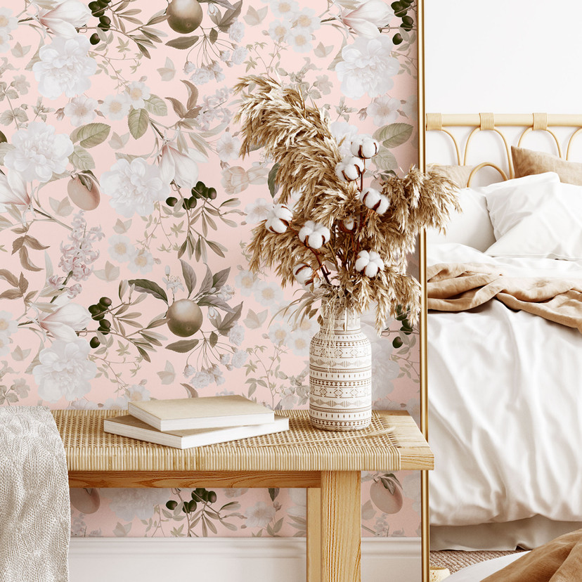 Tapet med boho-mønster og blomster og frugt - UN Designs