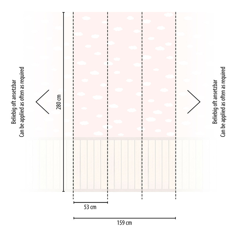 Papier peint nuages rose blanc avec panneau de bois beige - Papier peint intissé doux & extensible