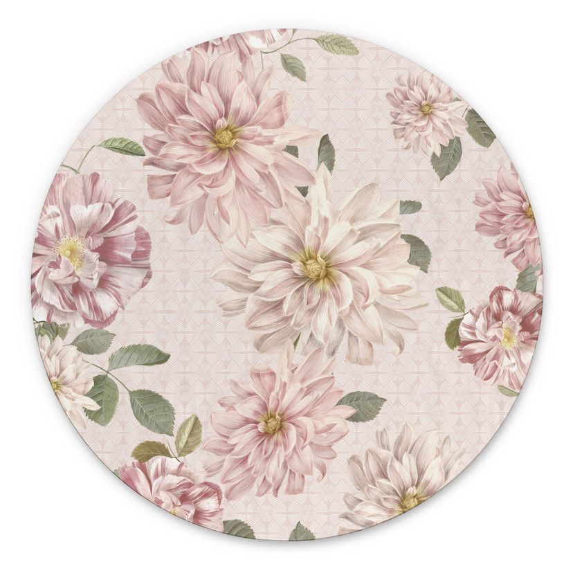 Billede af Dahliaer Shabby Chic Pink - Bloomery Decor - rund – print på aluminium (Alu-Dibond)