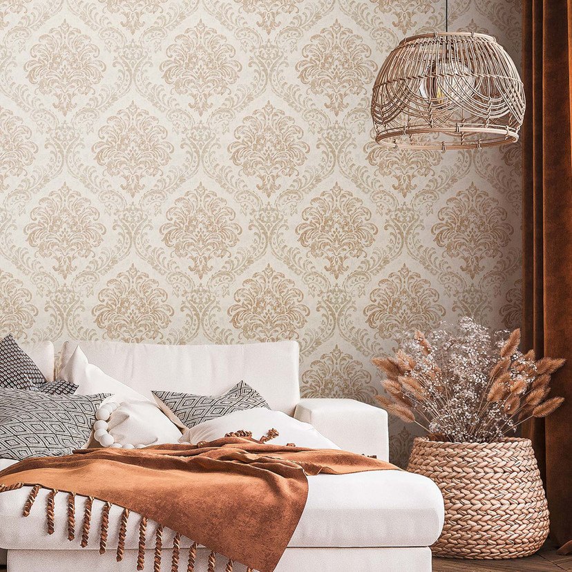 Barokowa biała, złota tapeta z ornamentami - tapeta z włókniny w stylu vintage metaliczna