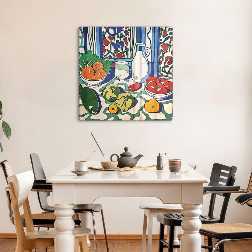 Glasbillede - Frugt og grøntsager på køkkenbordet - Inspireret af Matisse - Zamart