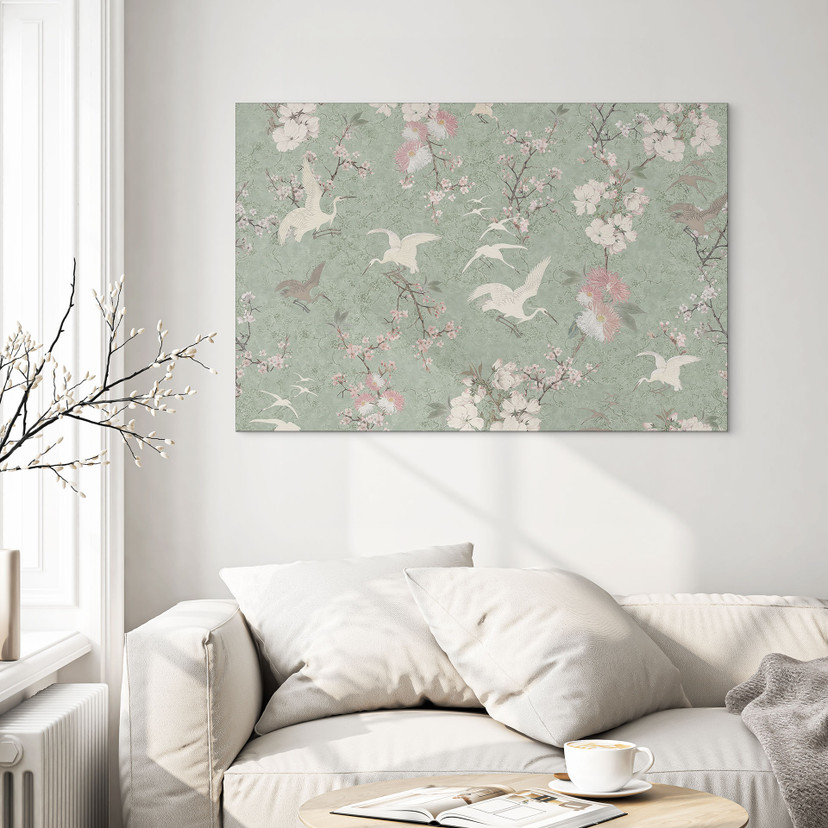 Billede Kraner i kirsebærblomstens berusende grønne farve - Bloomery Decor – print på aluminium