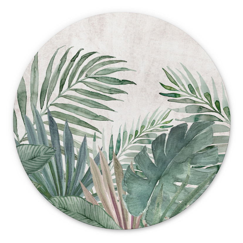 Wanddecoratie Jungle Bladeren Groen Waterverf - Bloemdecor - Alu-Dibond Rond