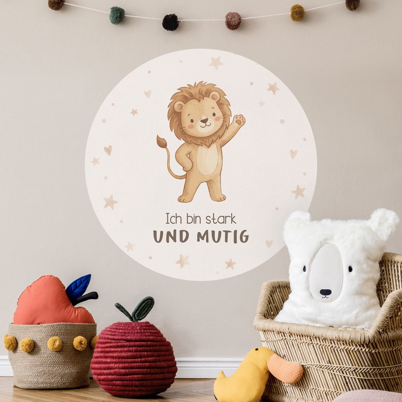 Rundes Wandtattoo mit Löwe - Kraftsatz 'Ich bin stark und mutig' fürs Kinderzimmer