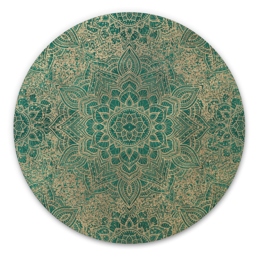 Stampa su legno Mandala Boho Oro-Verde - Decorazione floreale - Rotonda
