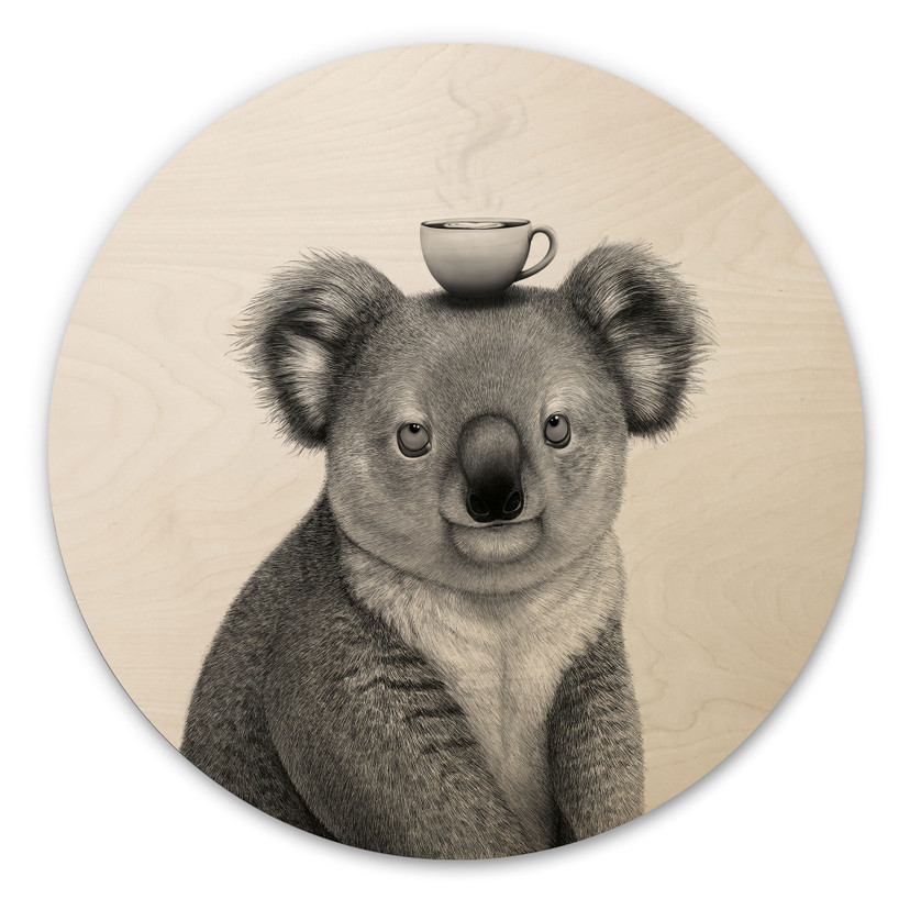 Okrągły drewniany obraz Koala z kawą - Korenkova