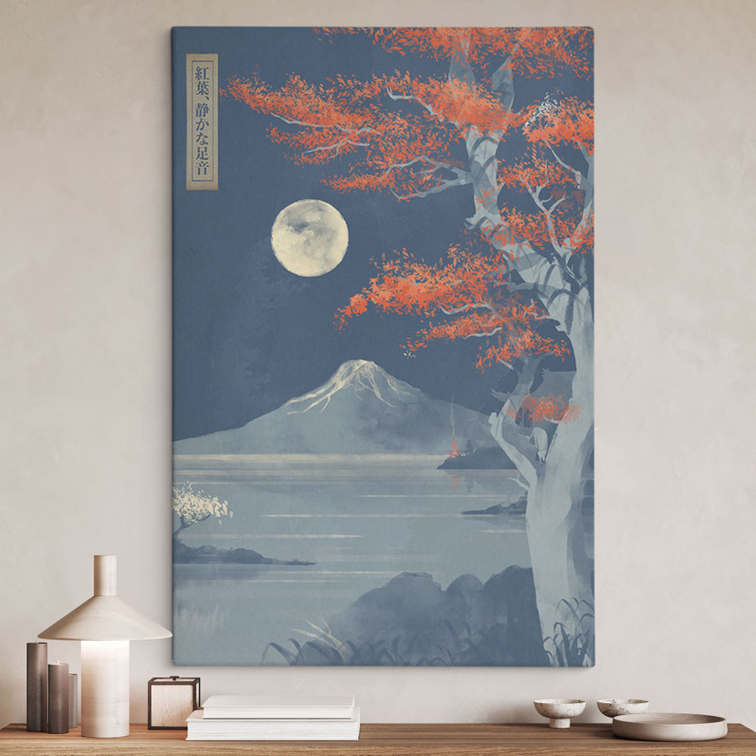 Tableau sur toile pleine lune sur le sommet du Fuji-san | Art vintage - Roze