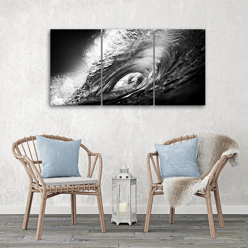 3 stykke lærredstryk Waves Sea B&W