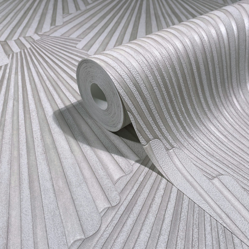 Tapeta z włókniny o wyglądzie 3D, geometryczna grafika w paski w kolorze beżowym