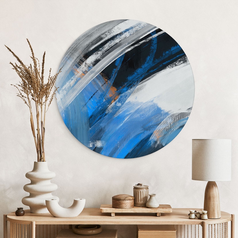 Wanddecoratie Blauwe Penseelstreken Abstract - Cheney - Alu-Dibond Rond