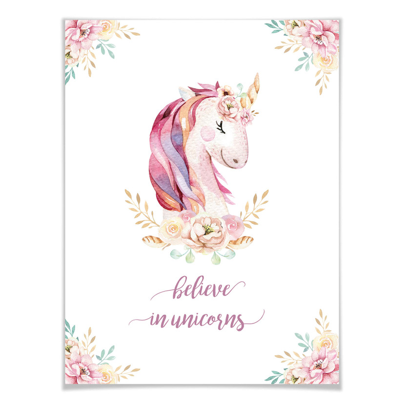 Plakat Kvilis - Believe in Unicorns - Jednorożec z kwiatami