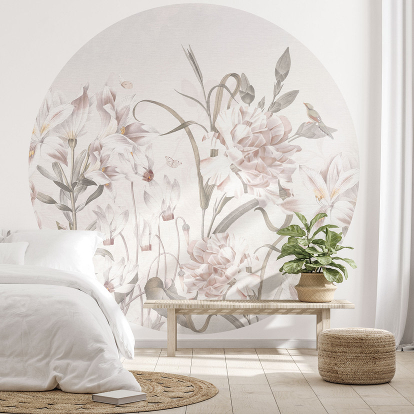 Papier peint photo Prairie florale en rose clair - Bloomery Decor - rond - adhésif/non tissé