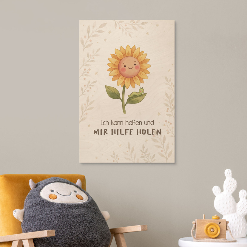 Holzbild mit Sonnenblume - Glaubenssatz 'Ich kann helfen' fürs Kinderzimmer