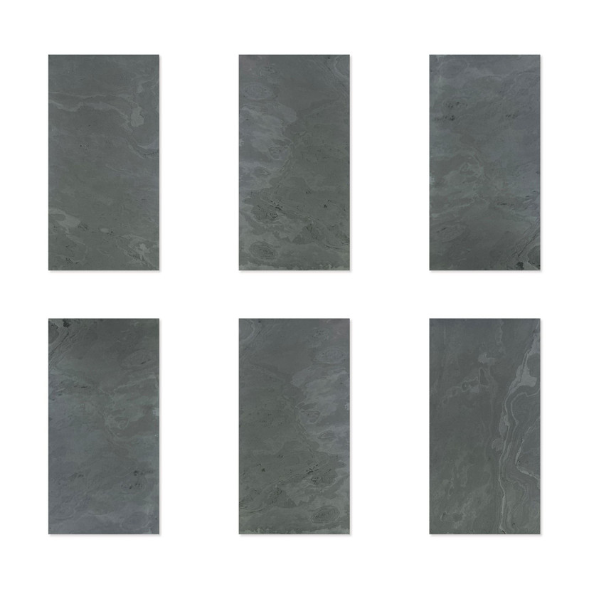 Echtstein - 3D Wandpaneel, Set aus 6 Natursteinplatten als luxuriöse Wandverkleidung - Schiefer Schw