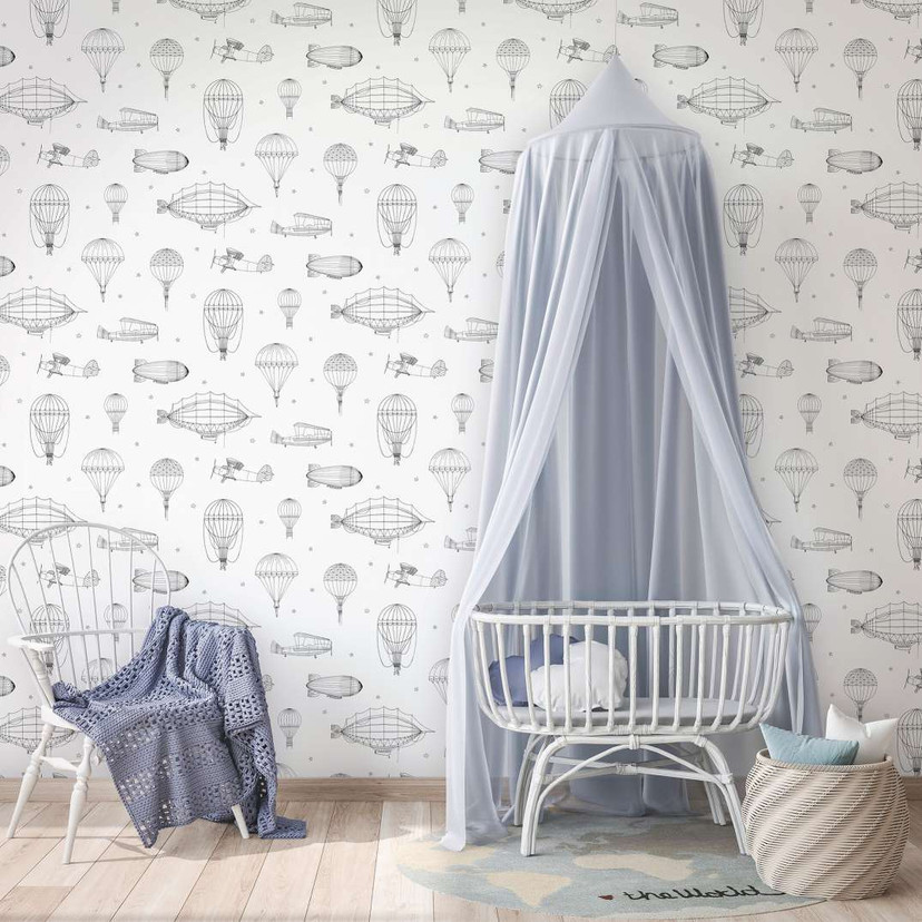 Børnetapet, non-woven tapet med illustration Kids Walls hvid, sort