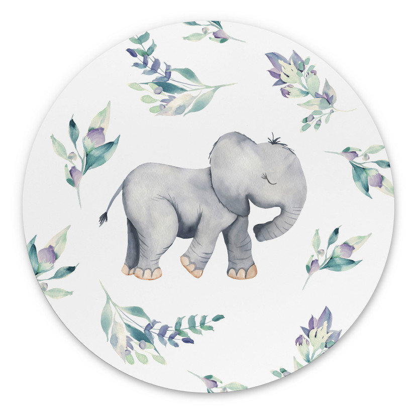 vægdekoration Sød babyelefant mellem boho-grene - UN Designs – print på aluminium