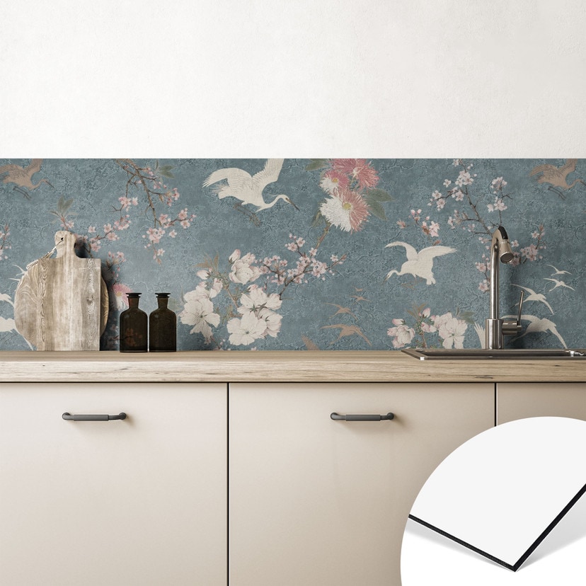Revêtement pour cuisine grues en fleurs de cerisier bleu - Bloomery Decor