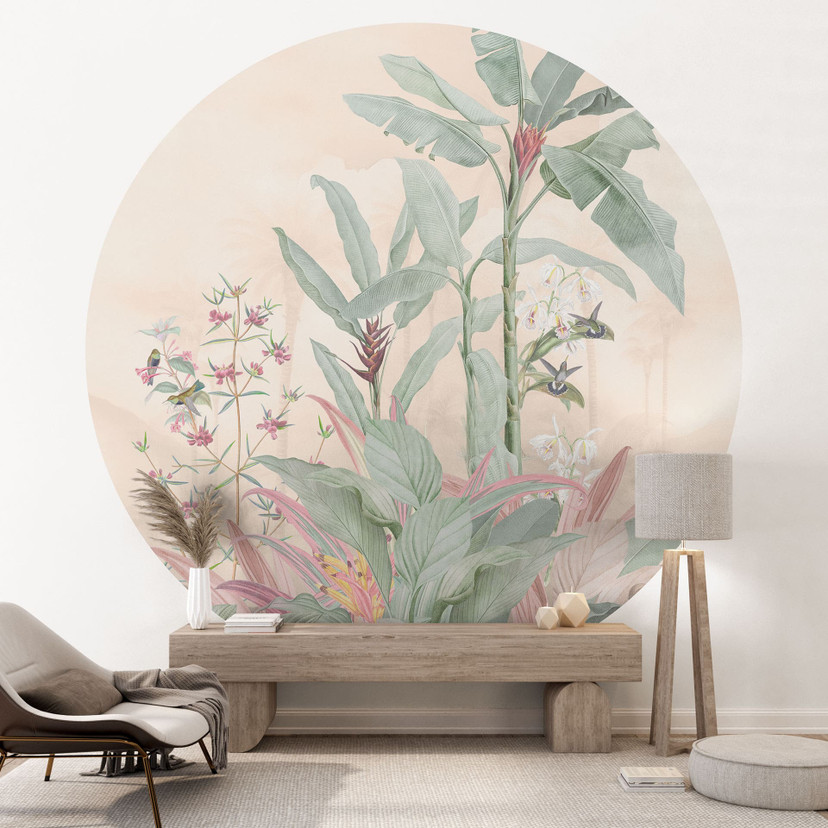 Tropikalna idylla z kolibrami Fototapeta - Bloomery Decor - Okrągła - Samoprzylepna / włókninowa