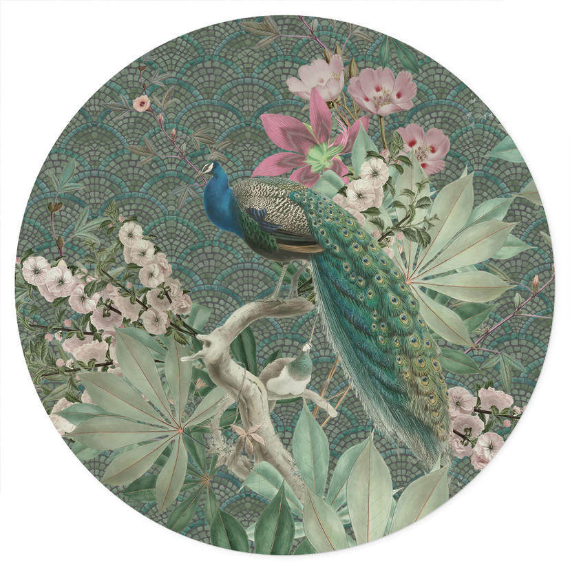 Naklejka na ścianę Paw w tropikalnym ogrodzie na mozaice - Bloomery Decor - Okrągła
