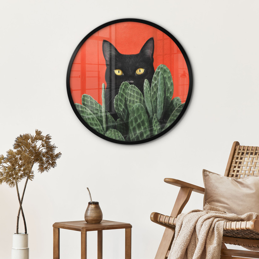 Poster Chat noir caché dans les cactus Rond - Korenkova