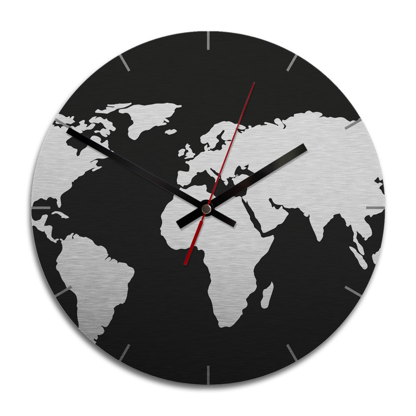 Horloge murale en Alu-Dibond - Argenté - Carte du monde noire