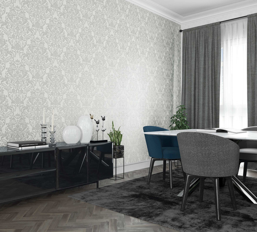 Tapet med dekorative damaskmotiver grå ornamental