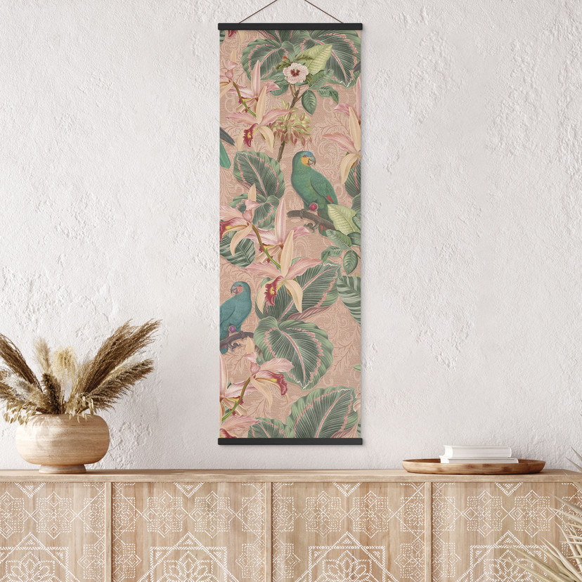 Stampe su tessuto Jungle con pappagalli rosa - Bloomery Decor - Panorama