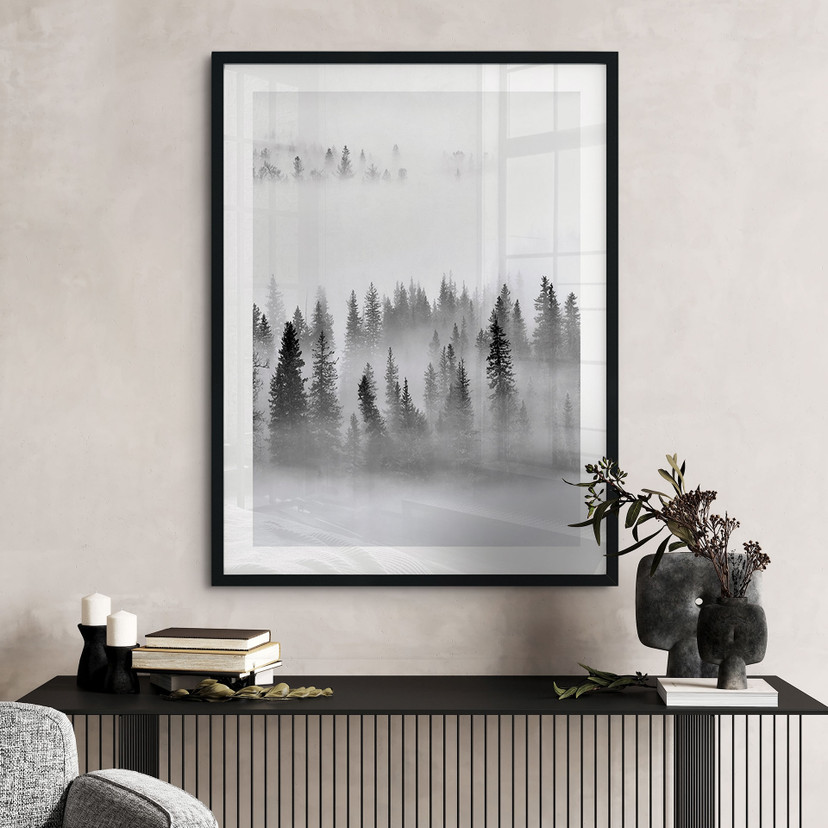 Plakat las w chmurach w czerni i bieli - Xu