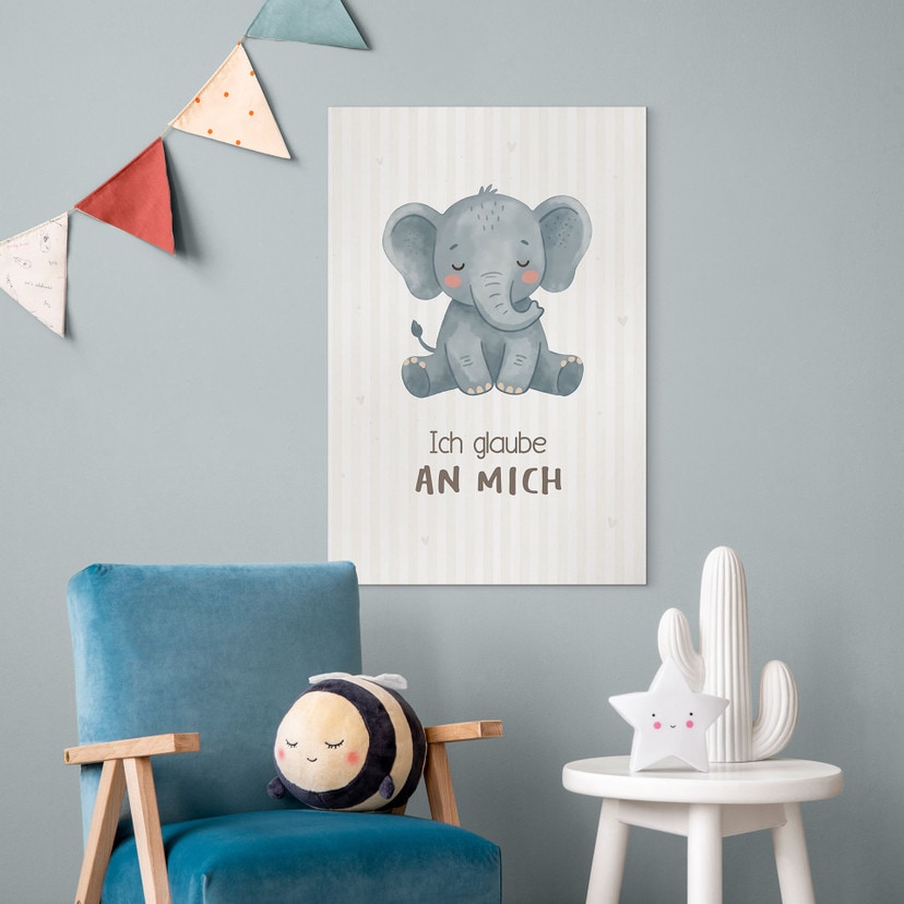 Alu-Dibond Wandbild mit Elefant - Kraftsatz 'Ich glaube an mich' für Kinder